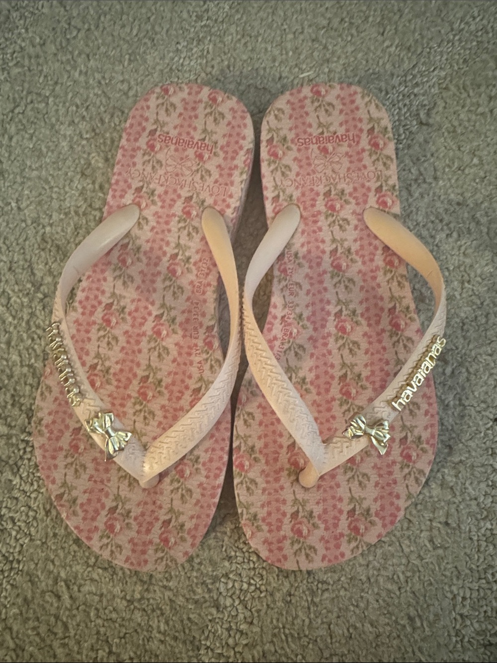 Love shack fancy x Havaianas Pink Floral Flip Flops with Gold Bow Accent